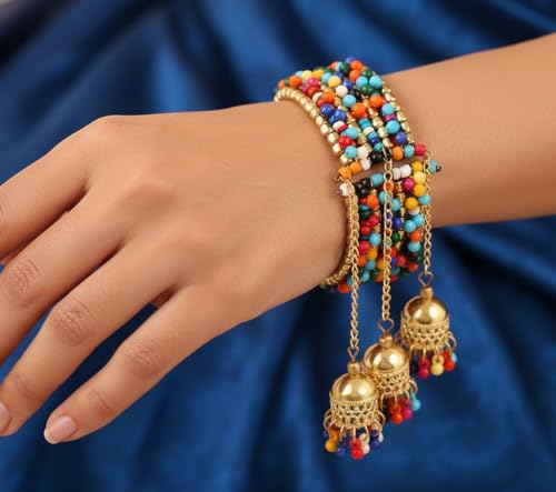Image of Touchstone Indian Colorful Bead Bracelet Bollywood Beaten Metal Beads Openable Broad Cuff Bracelet in Gold or White Tone for Women.