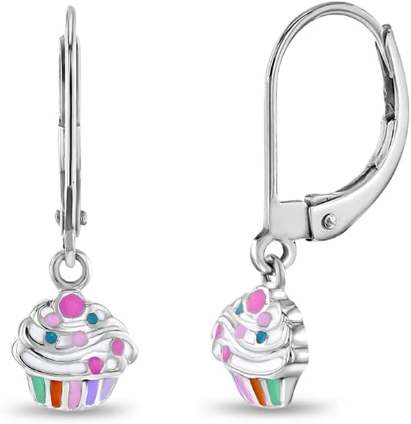 925 Sterling Silver Multicolor Rainbow Cupcake Lever Back Earrings For Girls & Pre-Teens- Colorful Dangle Earrings - Fun and Fashionable Lever Back For Little Girls