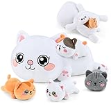 KMUYSL Cat Stuffed Animals Toys for Ages 0 1 2 3 4 5 6 7 8+ Years Old Kids - Mommy Cat with 4 Baby Kitty in Her Tummy, Idea Xmas Birthday Gifts for Baby, Toddler, Girls, Boys