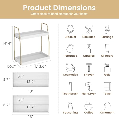 Image of Bathroom Countertop Organizer, Counter Organizer for Bathroom Decor | Wooden Sink Shelf for Vanity Storage, Makeup Tray for Perfume Skincare Bedroom Kitchen Coffee Bar (2 Tier, White and Gold)