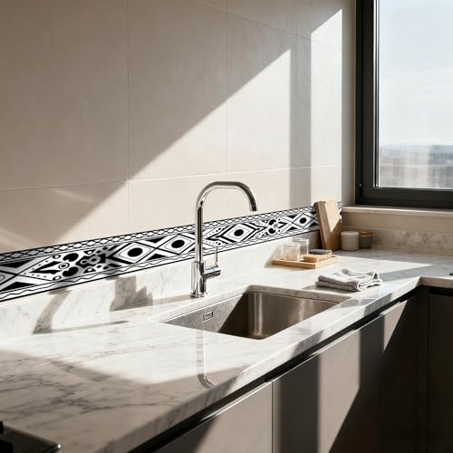Image of Nuxovilar Black White Geometric Peel Stick Wall Border PVC 3.94x16.4' | Wall Trim, Molding Decal, Peel Stick Border, Adhesive Frame, for Bedroom, Kitchen, Living Room (Ethnic Shape)