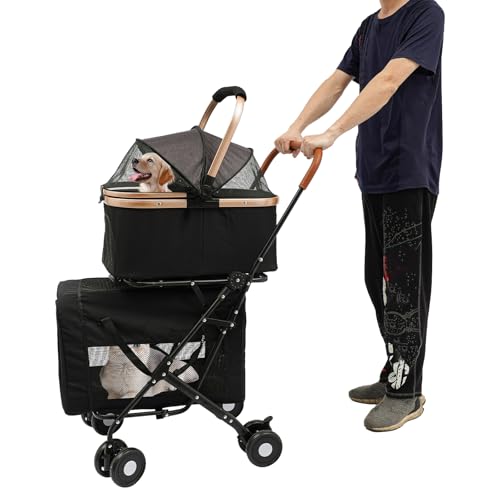 Double Pet Stroller for Dogs and Cats with 2 Detachable Carriers Foldable Stroller for 2 Dogs & Cats Easy Assembly Double Dog Strollers One Hand Foldale Kittens Puppies Travel Strolling Cart Black