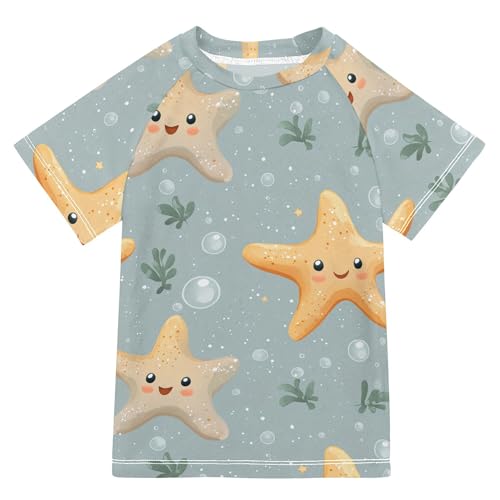 Wudan Cute Starfish Grey Kids Bathing Suits Girls Short Sleeves Rash Guard Swimsuit Swimwears Volleyball Shirts for Teen Boys 11-12Y