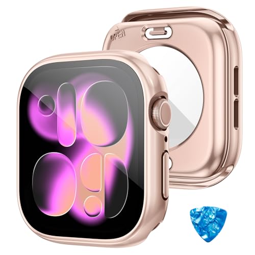 HWeggo [2 en 1] Funda Impermeable para Apple Watch Series 11/10 Funda Protectora 42mm,Cubierta 360°PC con Protector de Pantalla de Cristal Templado,Bumper Frontal y Traser (Oro Rosa)
