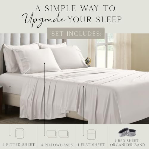 Image of KARISSA MAE 6 Piece Luxury Bamboo Viscose Queen Sheet Set, 4 Pillowcases | FSC Certified | Cooling | Ultra Soft | 18 inch Deep Pockets | Elastic Corner Straps | Includes Organizer Band [Cream]