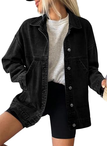 SHEWIN Denim Jacket for Women Oversized Jean Jacket Long Sleeve Boyfriend Denim Jacket Cute Comfy Fall Jackets for Women Black XX-Large