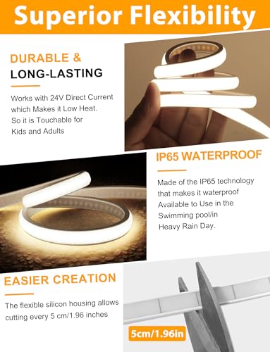 Image of Lamomo COB LED Strip Lights, 32.8Ft Natural White Dimmable Self-Adhesive Led Rope Light with Remote, Flexible Cuttable Waterproof 4000K Silicone Neon Tape Light for Bedroom,Indoor, Cabinet, 10mm Width