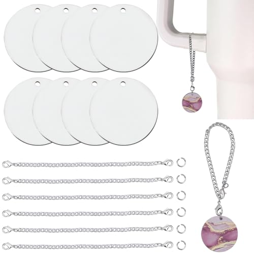 SOFPLATE 1 Box 15 Sets Blank Cup Charms Sublimation Charm Blanks Flat Round key blanks Bulk Sublimation Charm Accessories with Aluminum Chains Stainless Steel Jump Rings For Cups Tumbler DIY Crafts