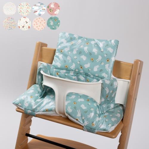 Image of Waterproof & Compatible Stokke Tripp Trapp Cushion Set for Newborn Baby - Made Fabric from Korea - 100% Cotton Stokke High Chair Cushion Set (Mint Bunny / 49.5 Counts)
