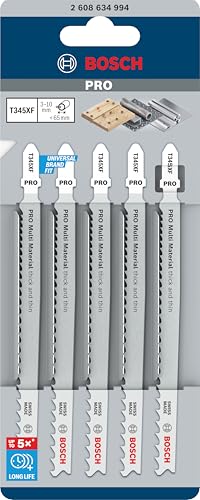 Bosch 5x PRO Thick and Thin Multi Material T345XF Stichsägeblatt (für Holz mit Nägeln, Stahl, Länge 132 mm, Professional Zubehör Stichsäge)