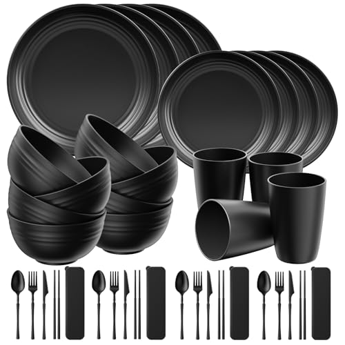 Quatish 32 Teiliges Kunststoff Geschirrset Unzerbrechliches Camping Geschirr Set für 4 Personen Wiederverwendbare Tafel-Set für Kinder und Erwachsene Geschirrspüler Mikrowelle Sicher Schwarz