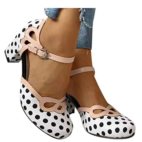 Polka Dot Mary Jane Shoes Ladies Dressy Round Toe Pumps Chunky Low Heels Sweet Ankle Strap Sexy Party Dress Shoes