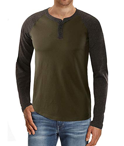 Kuson Herren Langarmshirt Henley Shirt Long Sleeve Shirt Men mit O-Ausschnitt Armee Grün 3XL Cover