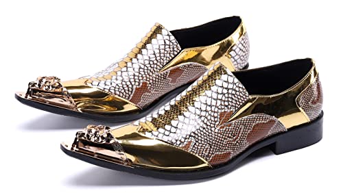 Santimon Mens Genuine Leather Dress Loafers Metallic Cap Slip On Tuxedo Formal Composite Snake Print Luxury Wedding Fashion Shoes