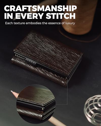 Jenoss Smart Wallet For Men: Full Grain Leather, Handcrafted, Slide Metal Pop Up Case, Slim RFID Blocking Credit Card Holder, Minimalist, Compact - 9-12 Card Organizers | ID | Money Clip (EPI Brown)4