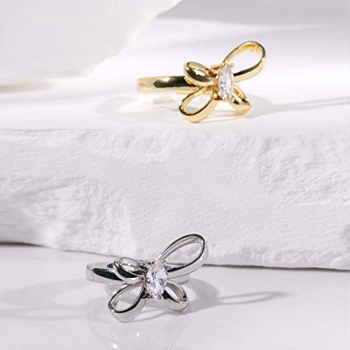 Dainty Butterfly Ring For Women, Sterling Silver Bowtie Ring Cz Eternity Bands Promise Ring For Teen Girls Gold Wedding Ring Adjustable Size #TOP7