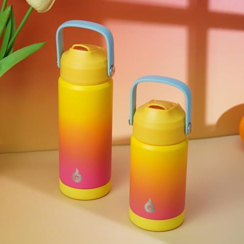 Image of BJPKPK Insulated Water Bottle with Straw Lid, 18oz Thermo Water Bottles with Soft Nozzle, Flex Handle & Non-slip Boot, BPA Free Leak Proof Stainless Steel Metal Thermo, Tumblers, Cups,Rainbow