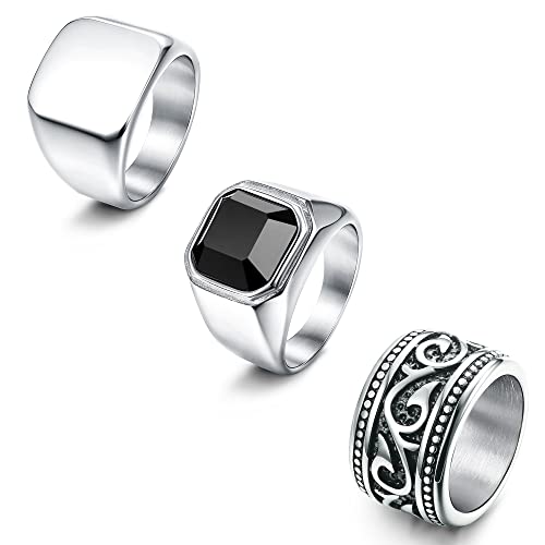 Jstyle 3Pcs Signet Rings for Men Stainless Steel Vintage Biker Rings for Men Women Silver Gold Simple Cool Mens Rings Agate Pinky Thumb Band Ring Set Black Onyx Rings for Dad Father Jewelry Gift S9
