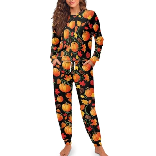 Image of Womens Lounge Set Long Sleeve Soft Pajama Sets | Casual 2 Piece Pj Outfit, Crewneck Sleepwear with Pockets, Adjustable Drawstring, Soft Comfy Fall Pajamas, Plus Size