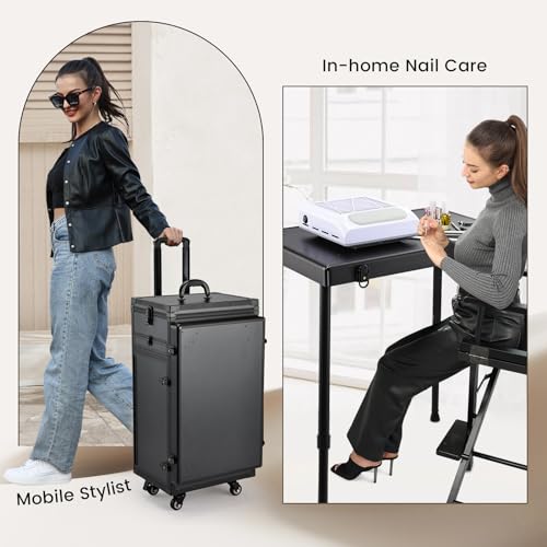 Joligrace Rolling Manicure Table Makeup Case Foldable Nail Desk 5 Drawers Cosmetology Case on Wheels with Brush Pouch for Technician Workstation Mobile Makeup Artist Trolley, Black