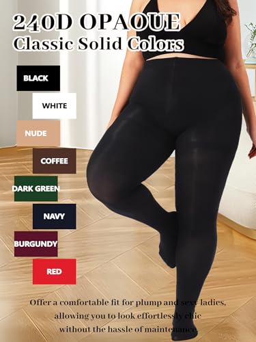 Image of Plus Size Opaque Tights for Women 240D Soft Solid Color Footed High Waist Control Top Pantyhose