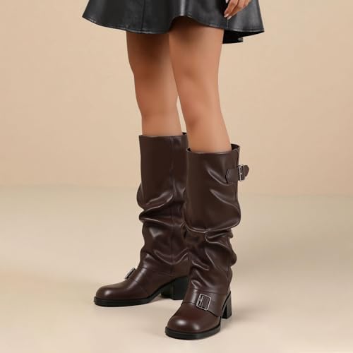Image of Goolita Women's Buckle Biker Knee High Boots Square Toe Chunky Heel Star Moto Mid Calf Boots Slip On Motorcycle Riding Boot