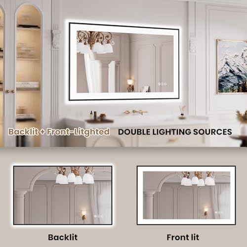 LOAAO 40"X24" LED Bathroom Mirror Black Framed, Anti-Fog, Dimmable, Lighted Bathroom Vanity Mirror for Wall, Memory Function, Tempered Glass