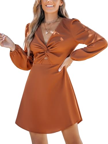 CUPSHE Women's Front Twist Keyhole Fall Dresses V Neck Long Puff Sleeve High Waist A Line Casual Mini Autumn Dresses, Brown M at Amazon Women's Clothing store