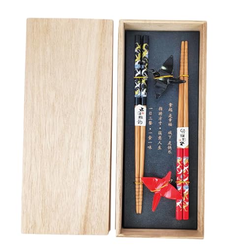 BAIFULAI 2 paia di bacchette per sushi, bastoncini in legno con supporto per gru in ceramica, sostenibili Chopsticks giapponese, cinese, coreano, taiwanese, regalo giapponese