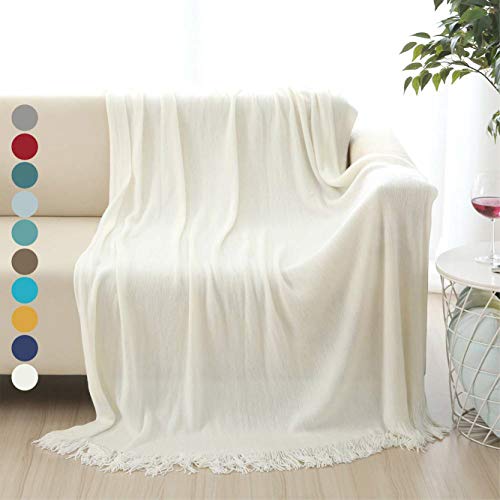 ALPHA HOME Throw Blanket for Couch 50x60 Warm Acrylic Knit Blanket Durable Lightweight Decorative Blanket Tassel with Solid Color Soft Bed Blanket for All Season Valentine's Day Machine Washable White