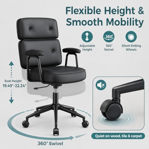 Image of Ergonomic Home Office Desk Chair, PU Leather Computer Chair with Lumbar Support, Adjustable Height, 360 Swivel Rolling Wheels, Executive Task Chair for Office, Gaming, Meeting Room, Black