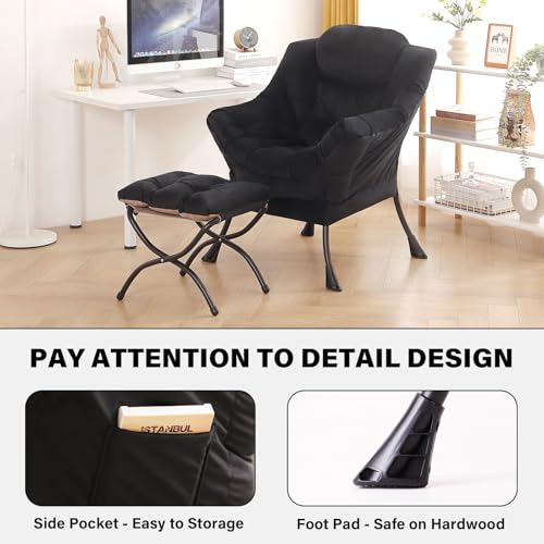 Image of Tiita Lazy Chair with Ottoman, Black Modern Large Accent Chair, Comfy Leisure Sofa Armchair with Ottoman, Reading Chair with Footrest for Bedroom, Living Room, Dorm Rooms, Velvet Black