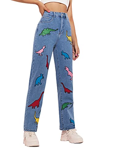 WDIRARA Women's Cow Print Ripped Jeans High Waisted Button Skinny Denim Pants
