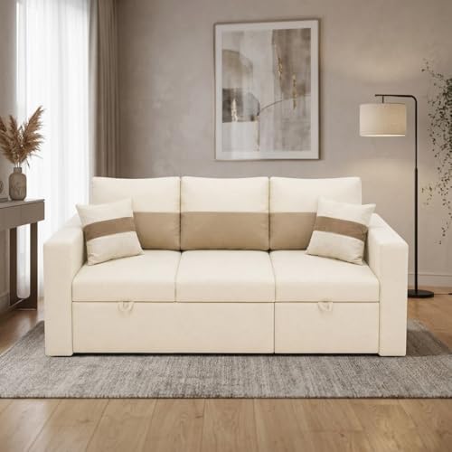 Image of FURNY Soria 4 Seater RHS Lounger Sofa Cum Bed (Cream-Beige) with Pull-Out Function | Luxury Velvet Suede Finish | Durable Comfort | Ideal for Living Room