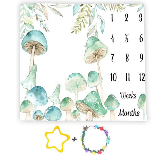 Image of Mushroom Theme Baby Monthly Milestone Blanket, Soft Flannel Watercolor Spring Tropical Eucalyptus Leaves Botanical Photography Prop Newborn Baby Shower Age Growth Tracker (Green White, 48x48in)
