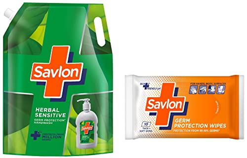 Image of Savlon Herbal Sensitivel pH balanced Liquid Handwash Refill Pouch, 1500ml, Fresh, 1.5 l (Pack of 1) & Savlon Germ Protection Wipes 10 Nos Pack