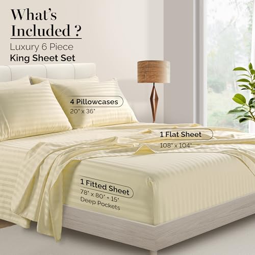 Casa Platino 100% Egyptian Cotton Sheets King Size Set - 6 Pieces - Damask Stripe- Ultra Smooth Sateen Weave Bed Sheets Set with 15" Deep Pockets - Navy Blue