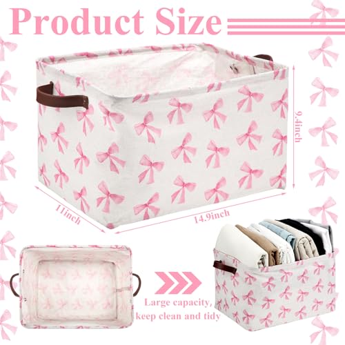 Image of Weysat 2 Pcs Coquette Bow Storage Basket Easter Basket Collapsible Toy Storage Bins Waterproof Canvas Organizer with Leather Handles for Home Offices Bedrooms Toy and Gift Easter Baskets
