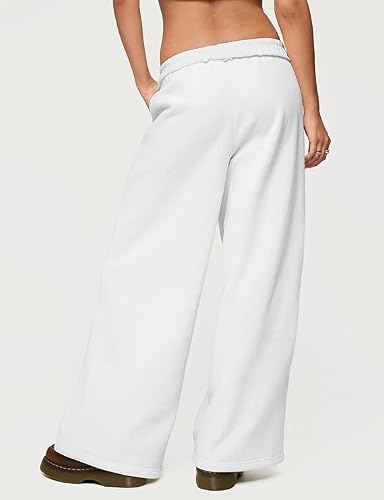 Pooyikoi Baggy Wide Leg Sweatpants Women Raw Hem Elastic Waist Oversized Sweatpants for Women Cotton Cozy Pants with Pockets (White,Small) — view 3