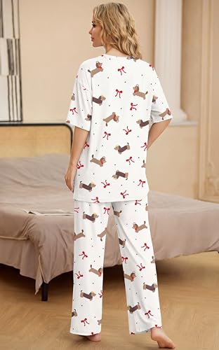 Image of PrinStory Womens Pajamas Sets 2 Piece Lounge Set Short Sleeve Tops and Long Pants Soft Pjs Loungewear with Pockets