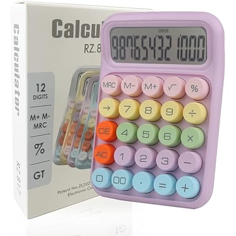 Envysun Colorful Candy Calculator,Mechanical Calculator Cute 12 Digit Large LCD Display Big Round Button Calculator,Easy to Press,for School Office Business Home,Automatic Sleep,with Batter(Purple) Cover