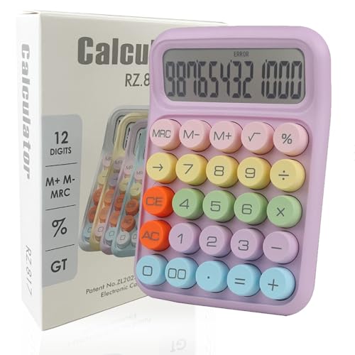 Envysun Colorful Candy Calculator,Mechanical Calculator Cute 12 Digit Large LCD Display Big Round Button Calculator,Easy to Press,for School Office Business Home,Automatic Sleep,with Batter(Purple)