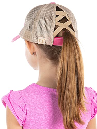 Kids Criss Cross Messy Bun Ponytail Hat - Pink Washed W/Mesh #TOP4