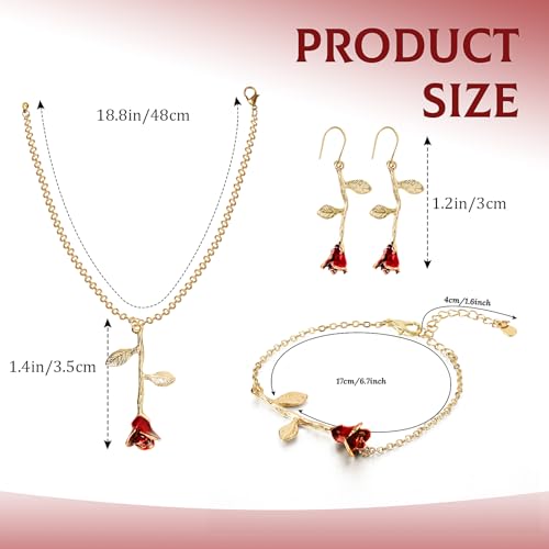 Abbylike 4 Pcs Women Costume Accessories Set Red Rose Gold Necklace Women Rose Shaped Clutch Rose Pendent Bracelet Flower Jewelry Princess Dangle Earrings for Wedding Gifts4