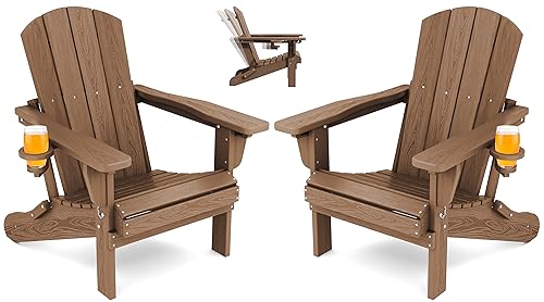 SERWALL Folding Adjustable Adirondack Chairs Set of 2, Cup Holders, Brown