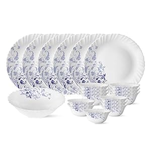 Larah by BOROSIL Opalware Dinner Set – 19 Pieces, White, Blue Eve Silk