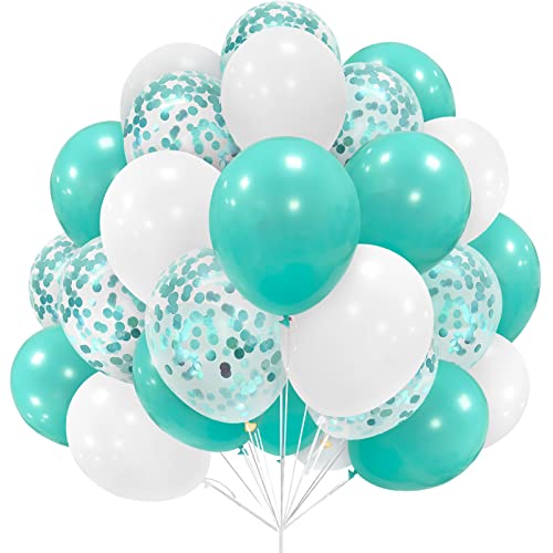 Bealif Teal Blue White Balloon Set Supplies, 30Pcs 12 inch Teal Blue Latex Confetti Turquoise Balloons with Ribbon for Grils Boys Woman Teal Birthday Party Decorations Baby Shower Wedding Engaged