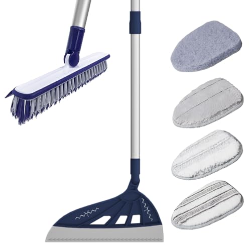 Magic Broom Scrubber with V-Brush for Cleaning, 60 Inch 4-in-1 Floor Squeegee Cleaner Brush with 7 Replaceable Heads, Extendable Long Handle Broom for Cleaning Floor (Blue)