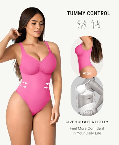 Image of FeelinGirl Shapewear Bodysuits for Women Tummy Control Thong Seamless V Neck Compression Body Suits Corset Top