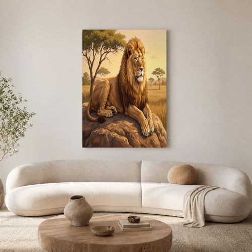 Tableau lion prairie impression sur toile format 80x120 cm marron